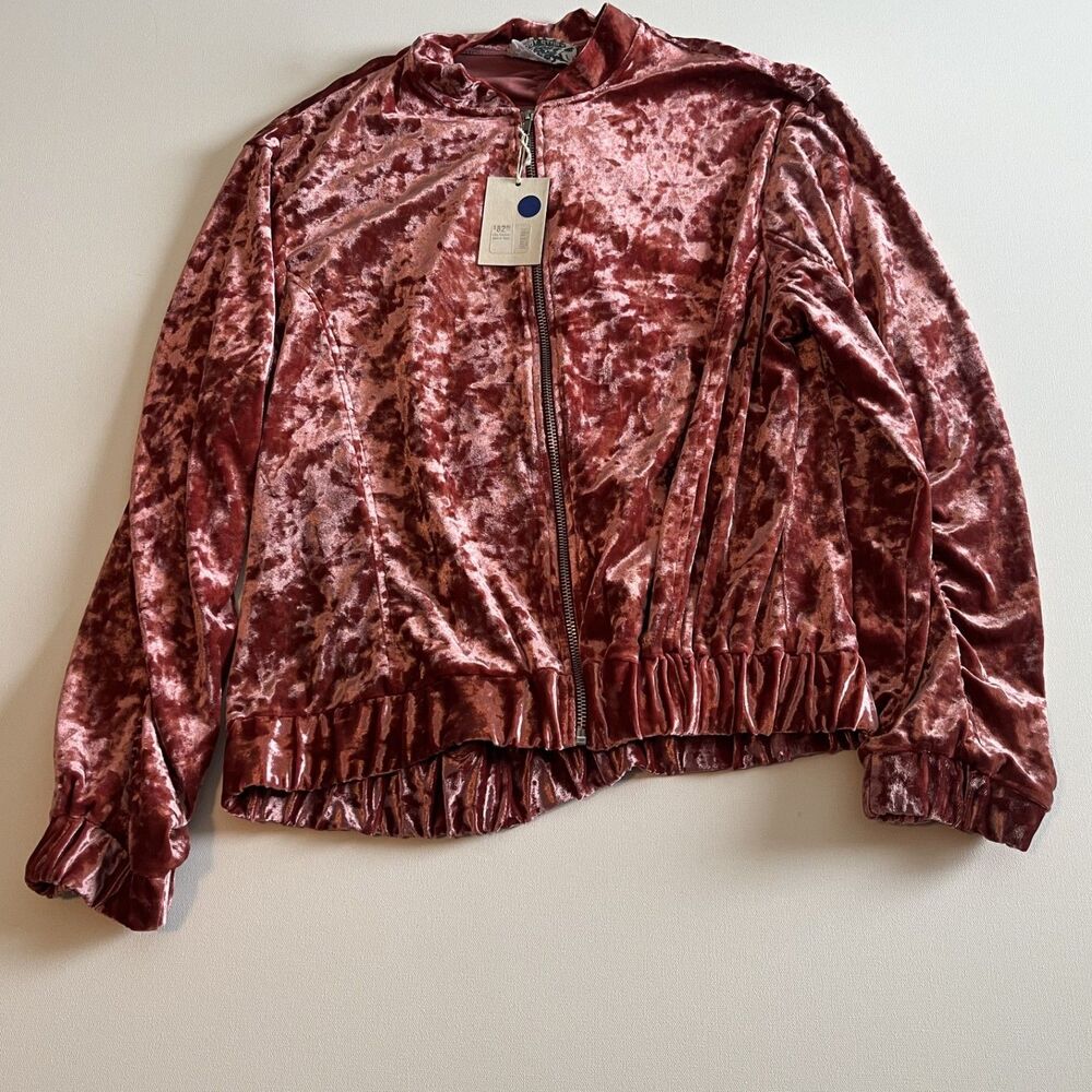 NWT Libby Story Women's Rose Pink Crush Velvet Bomber Jacket Large Full Zip